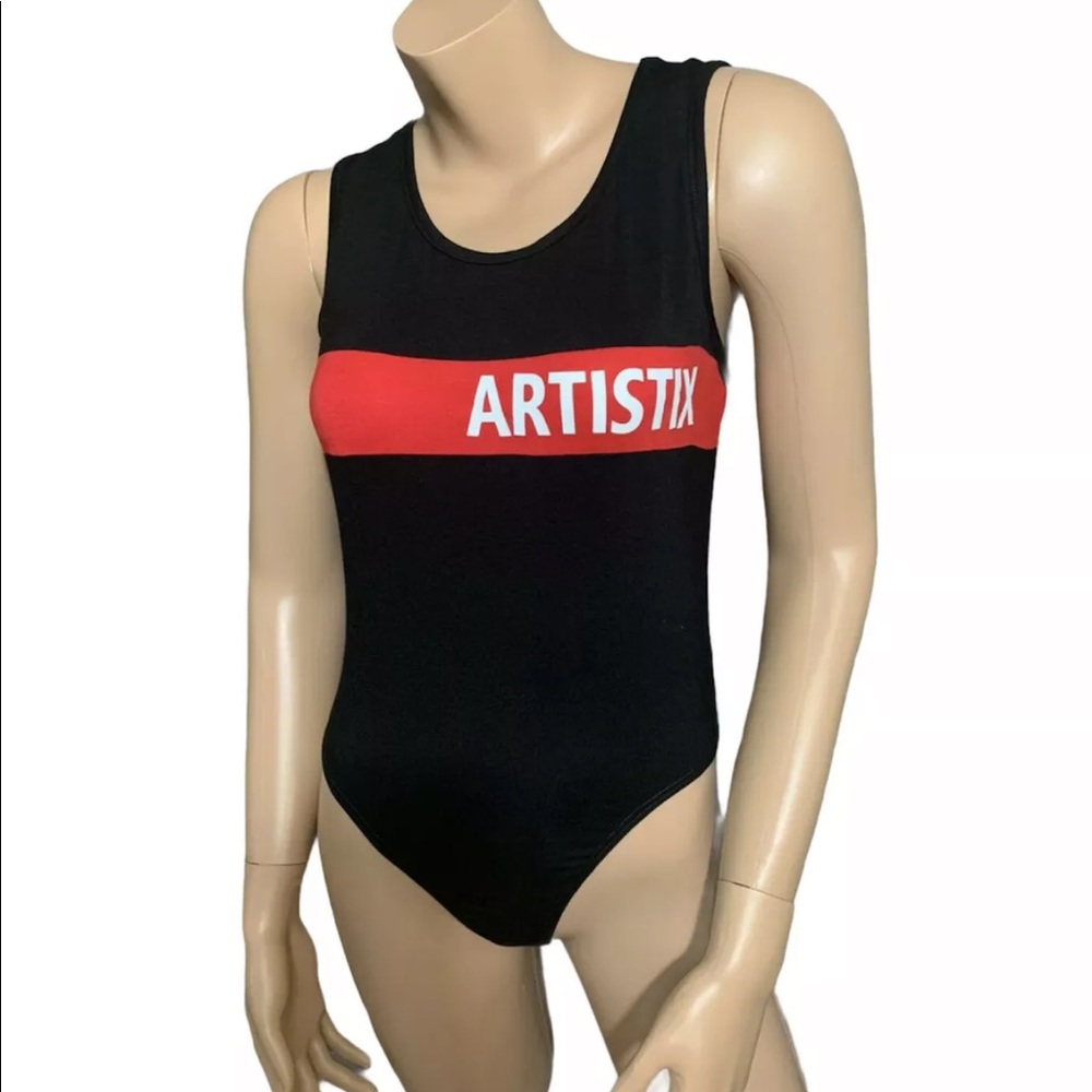 Artistix Womens Chest-Stripe Logo Bodysuit, Stretch- Black Medium